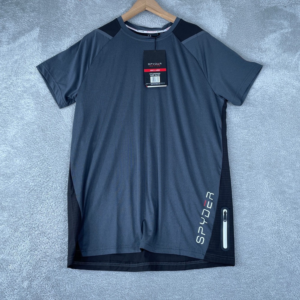 Spyder Active Shirt Mens Large Gray Black Performance Stretch Training Pocket
